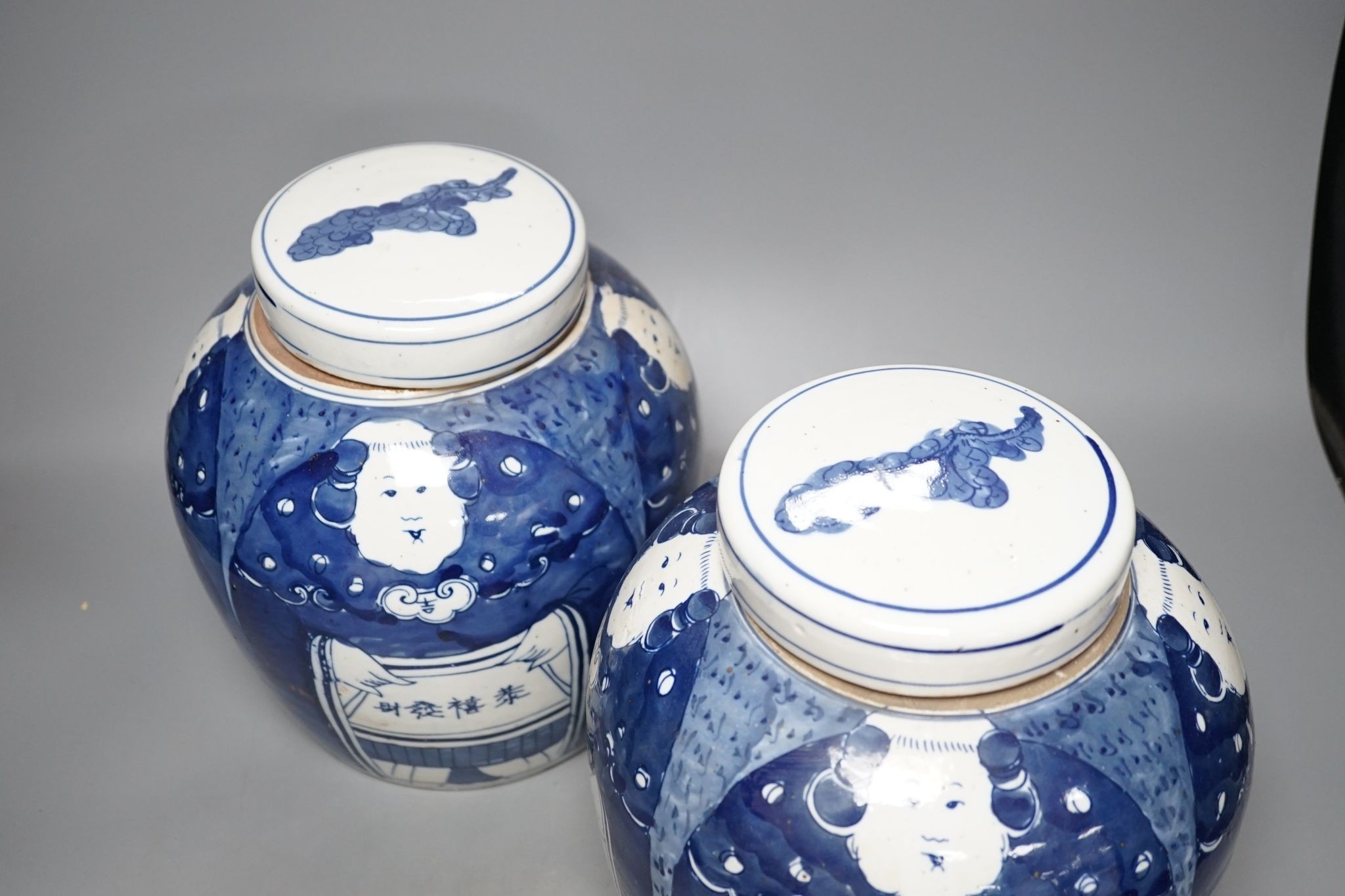 A pair of Chinese blue and white ovoid jars and covers, 25cm